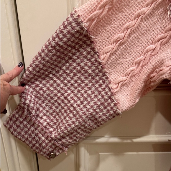 POL Cozy Dusty Pink & Cream Colorblock Cable & Houndstooth  Shacket-Sz L-NWOT - Picture 2 of 8